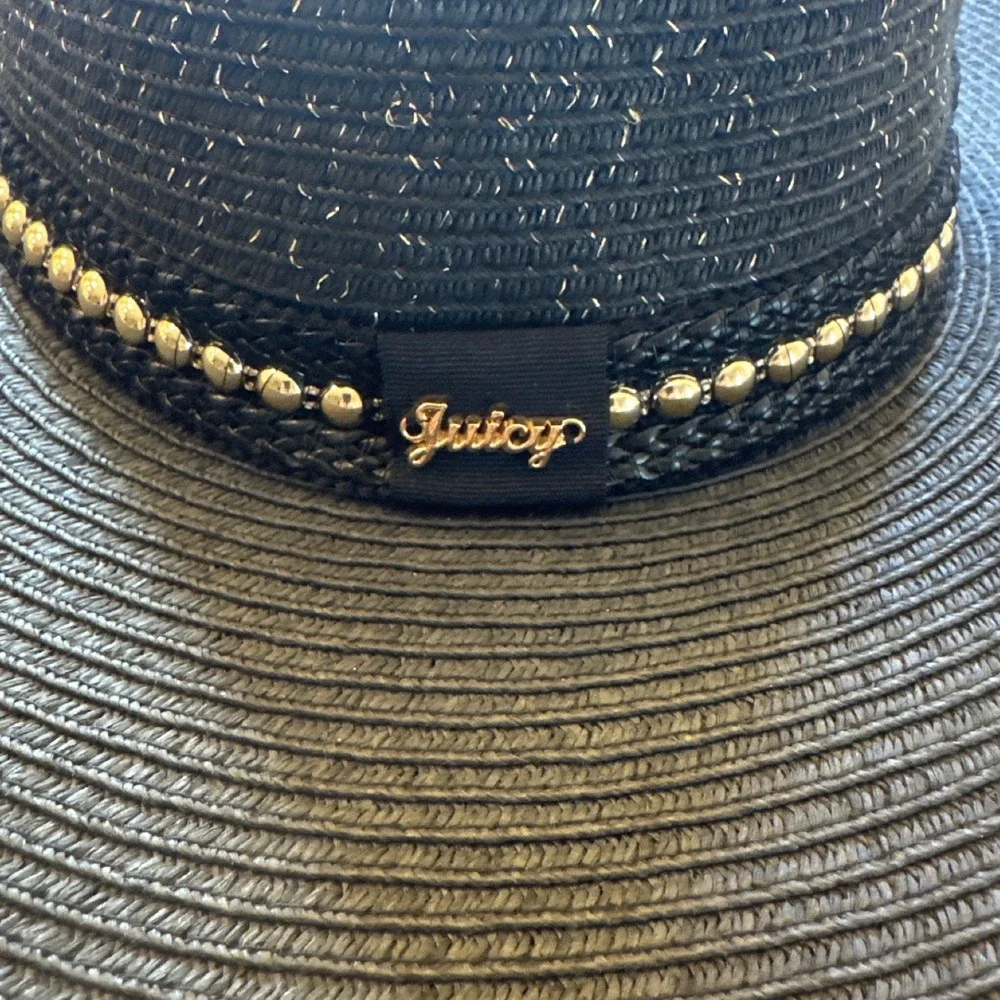 Juicy Couture Black Straw Sun Hat Wide Brim Metallic‎ Gold Studded Logo NWT